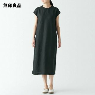 ムジルシリョウヒン(MUJI (無印良品))の◆新品◆  無印良品ヘンプ洗いざらしフレンチスリーブワンピース／黒／XL(ひざ丈ワンピース)