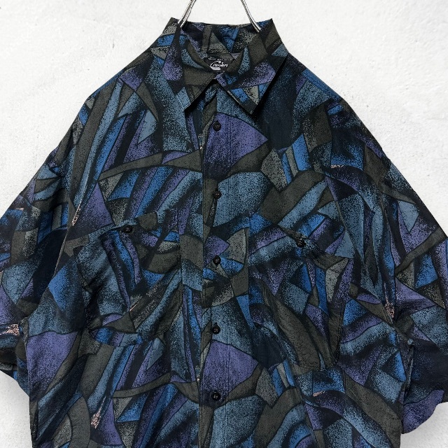 半袖 シルクシャツ ブルー M レトロ 総柄シャツ vintage 1