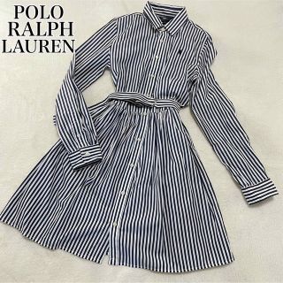 ポロラルフローレン(POLO RALPH LAUREN)の美品　ポロラルフローレン　シャツワンピース　ポニー　リボン　ストライプ　刺繍ロゴ(ひざ丈ワンピース)