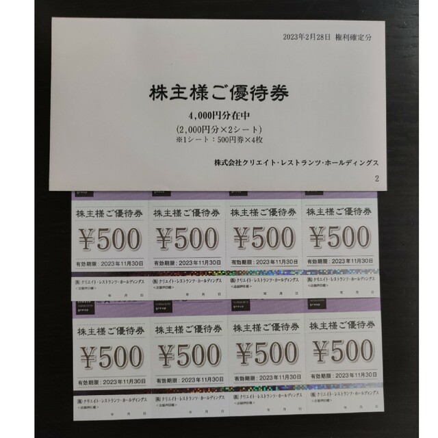 クリエイトレストランツ株主優待券4000円　ラクマパック チケットの優待券/割引券(フード/ドリンク券)の商品写真