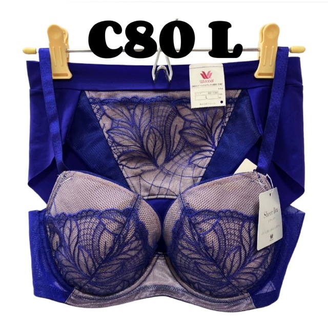 WACOAL C80 L パープル 花柄ブラジャー ショーツ-