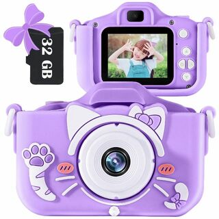 【色: 紫猫】子供用カメラ キッズ おもちゃ カメラ 32GBメモリーカード付き(コンパクトデジタルカメラ)