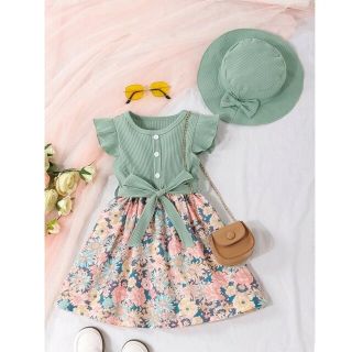 プチバトー(PETIT BATEAU)の【新品】3点セット 100㎝ フローラル プリント ベルト&ワンピース & 帽子(ワンピース)