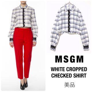 MSGM【美品】ホワイトクロップドチェックシャツ フリル レース