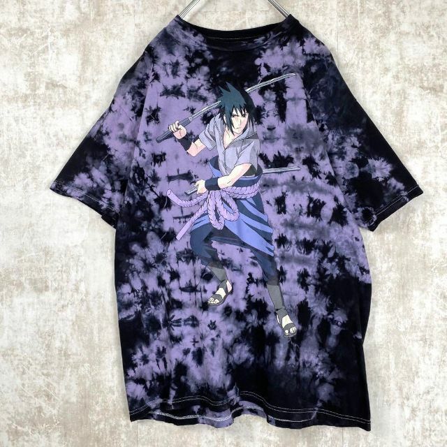 激レア海外企画 アニメ Tシャツ NARUTO サスケ タイダイ 総柄 黒紫 Lの