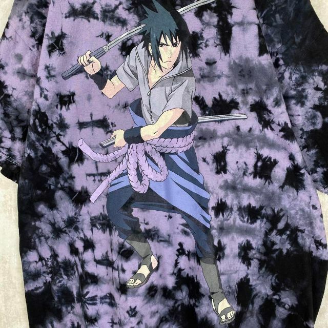 激レア海外企画 アニメ Tシャツ NARUTO サスケ タイダイ 総柄 黒紫 Lの