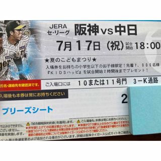 ハンシンタイガース(阪神タイガース)の7/17(祝)阪神-中日　ブリーズシート通路横ペア(野球)