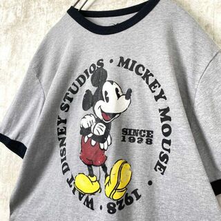 ディズニー(Disney)のレトロ ヴィンテージ風 ディズニー ミッキーマウス リンガーTシャツ グレー L(Tシャツ/カットソー(半袖/袖なし))