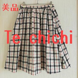 テチチ(Techichi)の美品 Te chichi テチチ チェック ギャザースカート 白(ひざ丈スカート)
