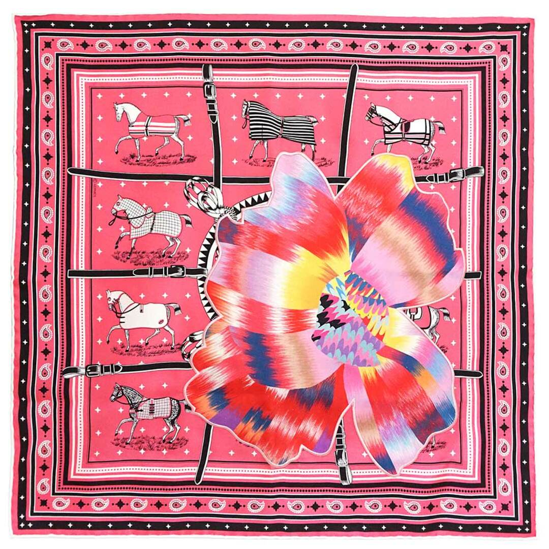 エルメス カレ 55 フルリ バンダナ 京都 マーブル 馬着 フラワー刺繍 スカーフ シルク100％ ローズ マルチカラー ピンク 箱付 HERMES（新品・未使用品）注意事項