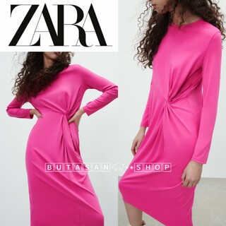 ザラ(ZARA)の新品 ZARA ザラ ピンク 体型カバー ドレープ ミディ ドレス ワンピース(ロングワンピース/マキシワンピース)