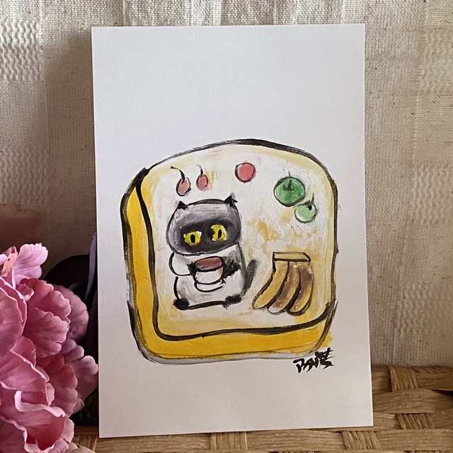 絵画。原画手描き【楽しくてかわいい猫トースト】04 エンタメ/ホビーの美術品/アンティーク(絵画/タペストリー)の商品写真