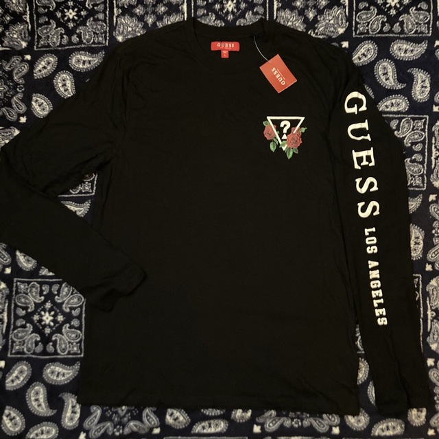 LA限定 激レア新品 GUESS 薔薇 ロンT ゲス 長袖Tシャツ 黒 L バラトップス