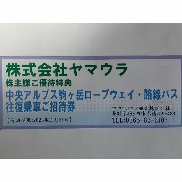 中央アルプス 駒ヶ岳ロープウェイ 路線バス 往復券 2枚 ヤマウラ 株主優待