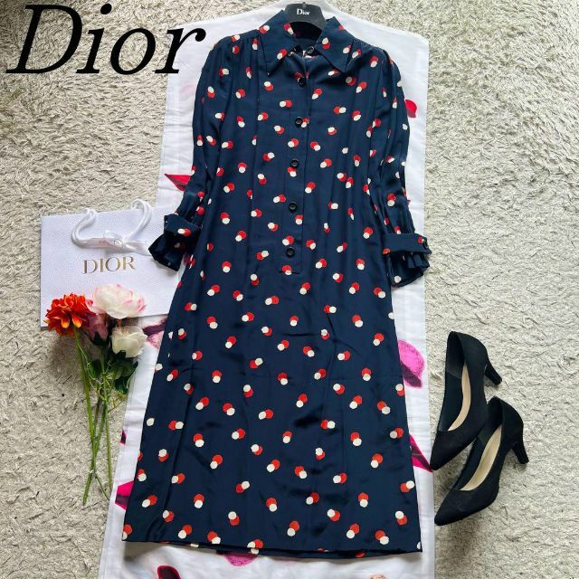 【良品】Christian Dior 総柄シャツワンピース ネイビー 長袖 5 | フリマアプリ ラクマ