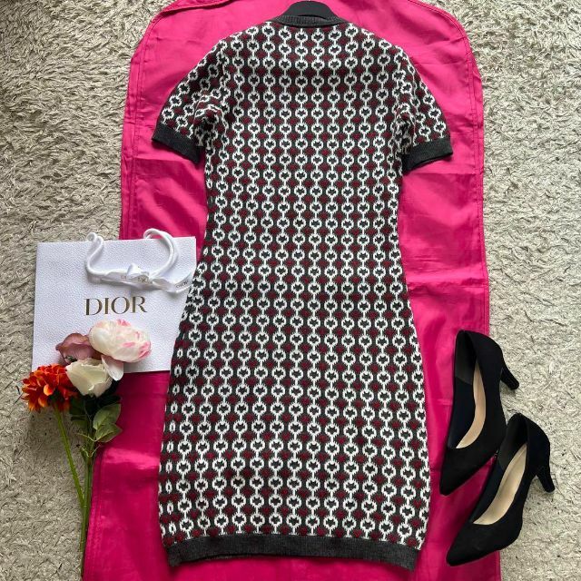 【美品】Christian Dior ニットワンピース 総柄 半袖 膝丈
