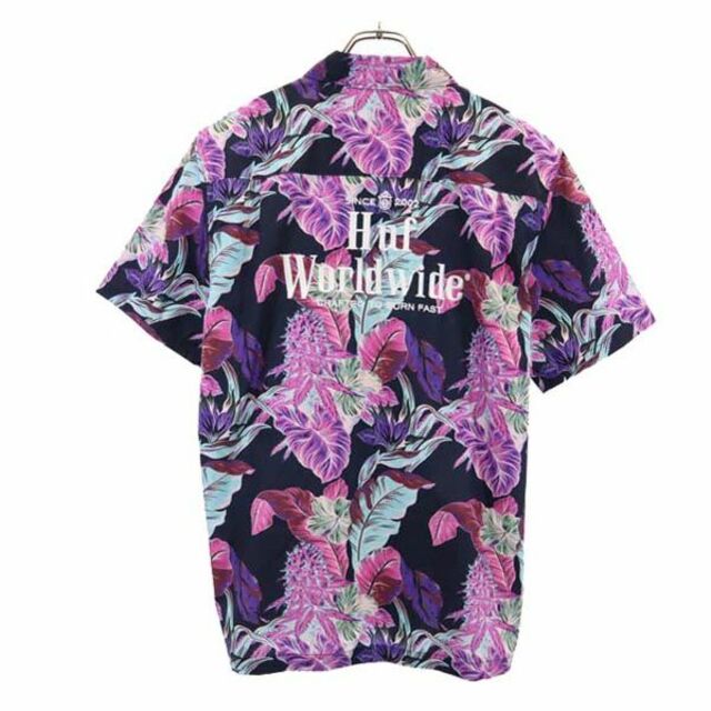 ハフ 総柄 アロハシャツ M ネイビー×ピンク系 HUF バックロゴ刺繍 メンズ   【230604】 メール便可