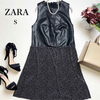 ザラ(ZARA)のZARA ノースリーブワンピース　レザー　ドットフレアスカート　ブラック(ひざ丈ワンピース)