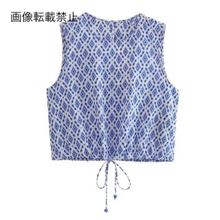 💍6月新作🦋11448◇vintage レトロ 柄 ノースリーブ ブラウス (シャツ/ブラウス(半袖/袖なし))