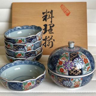 有田焼 胡窯 小鉢5客と蓋物のセット 金彩古伊万里 菊紋 色絵 輪花皿 菊 ...