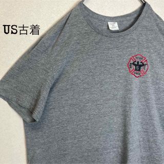 USA古着　両面プリント 胸元ワンポイント 半袖Tシャツ　グレー　4XLゆるだぼ(Tシャツ/カットソー(半袖/袖なし))