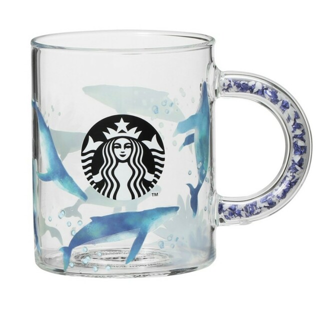 Starbucks(スターバックス)の【新品・ラクマ便】スタバ ビーズハンドル耐熱グラスマグクジラ414ml+シール インテリア/住まい/日用品のキッチン/食器(食器)の商品写真