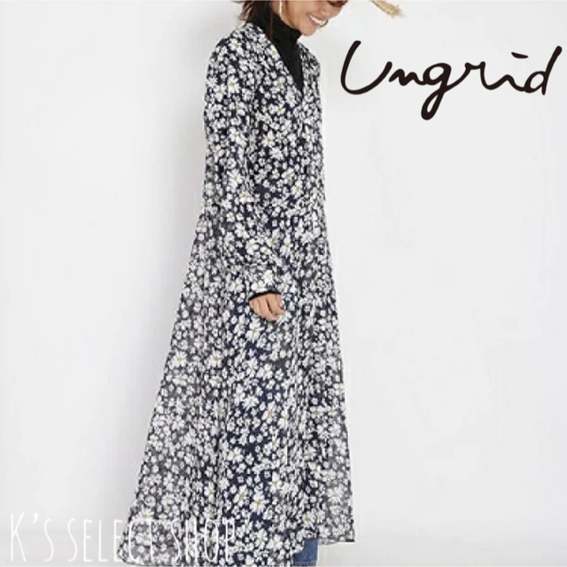 美品【ungrid】シアー フラワーワンピース ネイビー