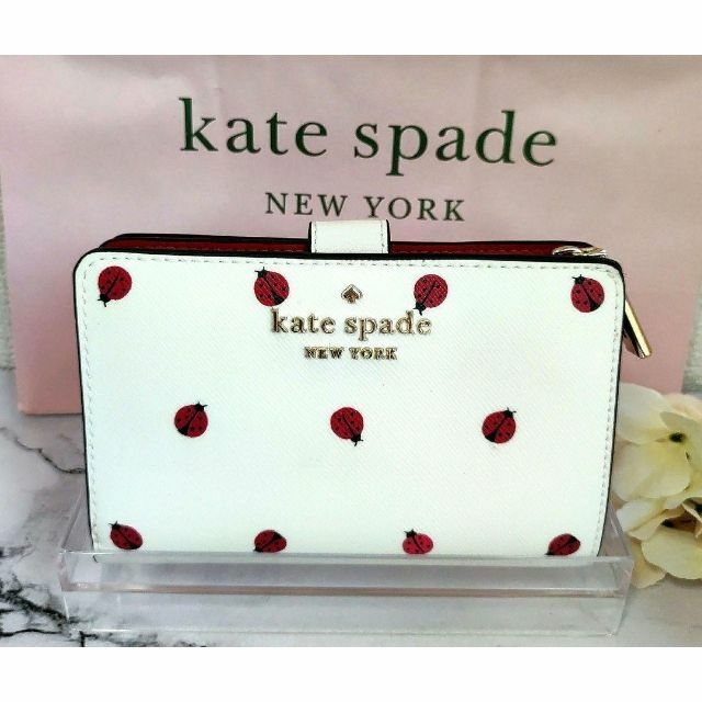 新品 kate spade ケイトスペード 二つ折り財布 てんとう虫 白 軽いのサムネイル