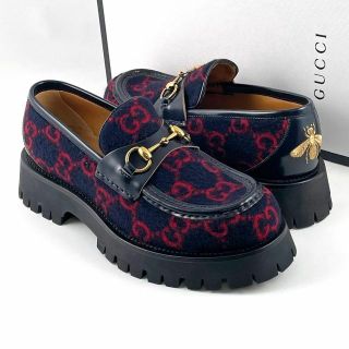 Gucci - ☆未使用級☆グッチ ローファー GG柄 ウール ビー 刺繍 厚底