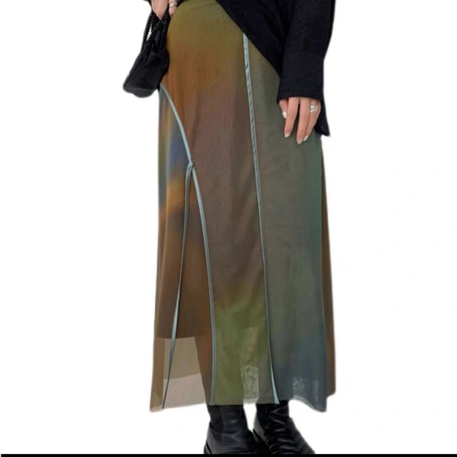 23 春 ロング スカート プリント 網 チュール 茶色 不規則 ハイウエスト レディースのスカート(ロングスカート)の商品写真