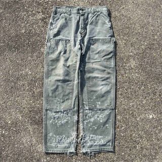 カーハート(carhartt)の希少　carhartt  ダブルニー　レザーパッチ　ボロ　ダメージ　薄めカーキ(ワークパンツ/カーゴパンツ)