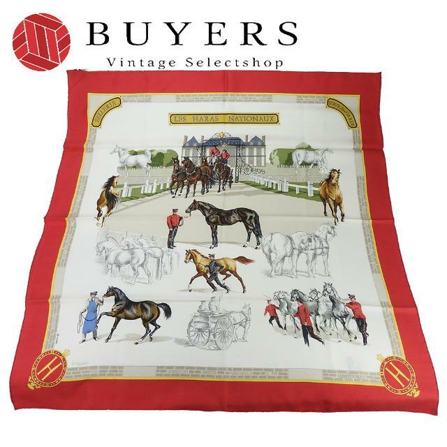 エルメス スカーフ カレ90 シルク100％ LES HARAS NATIONAUX 国立種馬飼育場 レッド ベージュ レディース 女性 HERMES CARRE90 scarf silk red beige