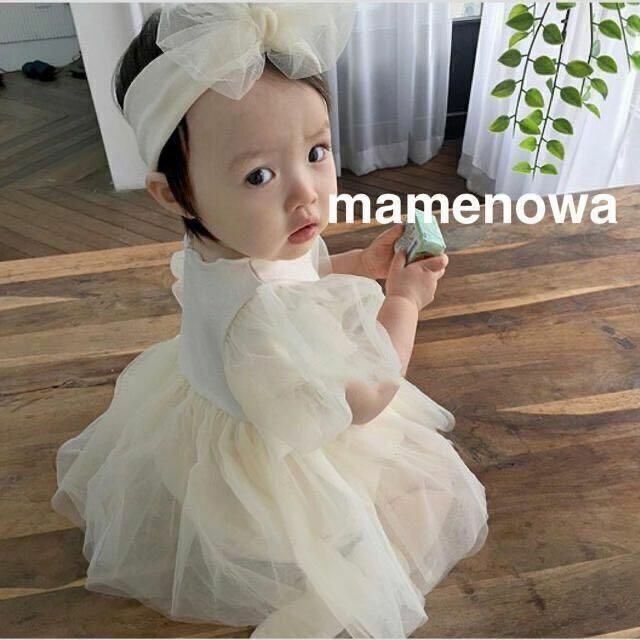 韓国子供服 ベビードレス ロンパース ヘアバンド　ホワイトイエロー　80 キッズ/ベビー/マタニティのベビー服(~85cm)(セレモニードレス/スーツ)の商品写真