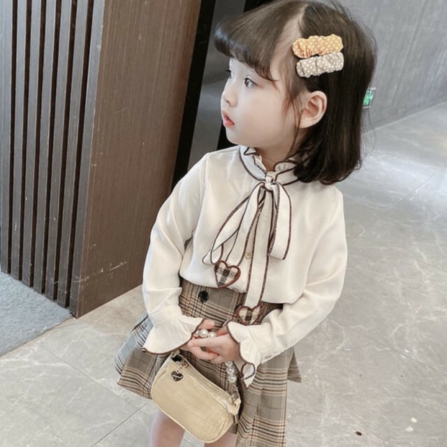 キッズ 女の子 110 リボンブラウス チェックスカートセット ブラウン 茶色