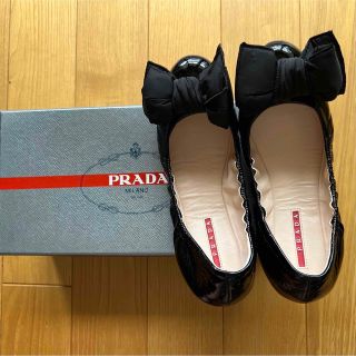 【美品✨】PRADA バレエシューズ ロゴ×大きなリボン エナメル 小さいサイズ