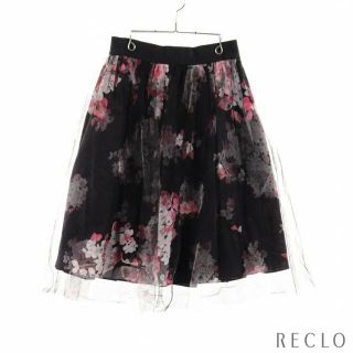 ミリー(Milly)のMonica Black Mesh Overlay Floral Print フレア スカート 花柄 ブラック マルチカラー(ひざ丈スカート)