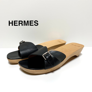 エルメス(Hermes)の☆未使用 エルメス ウッドソール レザー ベルト サボ サンダル 黒 スペイン製(サンダル)