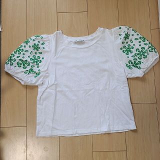 ザラ(ZARA)のザラZARA白Tシャツお袖デザインパフスリーブシャツSグリーン緑美品(Tシャツ(半袖/袖なし))