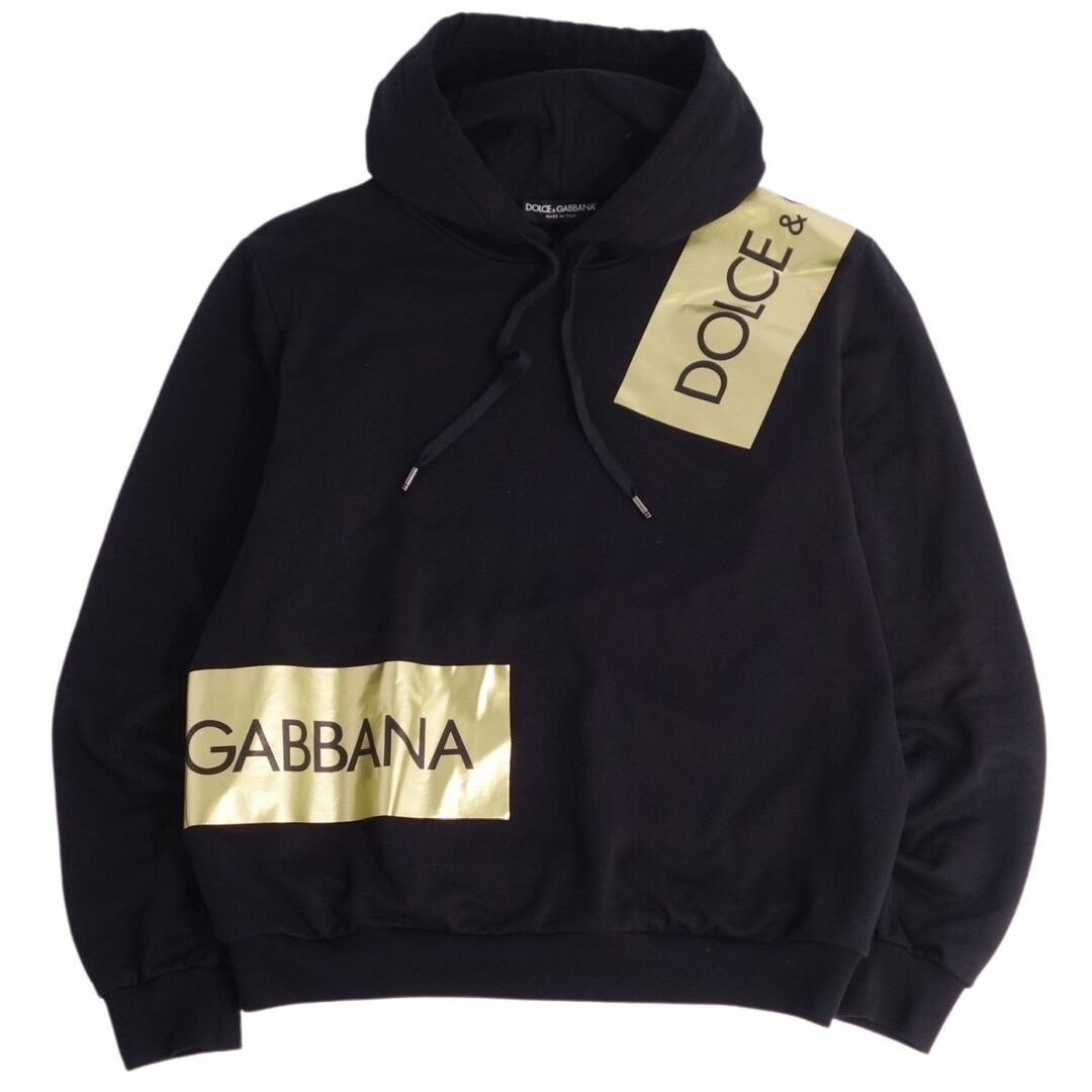 約68cm身幅美品 ドルチェ&ガッバーナ DOLCE&GABBANA スウェット トレーナー パーカー ロングスリーブ プルオーバー ロゴ柄 トップス メンズ 54(XXL相当) ブラック/ゴールド