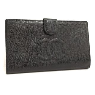 シャネル(CHANEL)のCHANEL 二つ折り がま口 長財布 キャビアスキン ブラック A13498(財布)