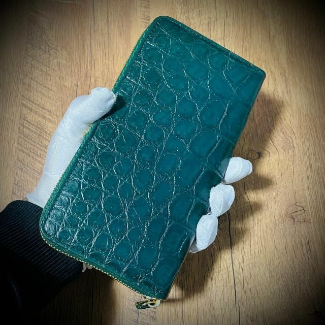 クロコダイル メンズ財布 長財布 大容量 本革 ワニ グリーン 緑 証明