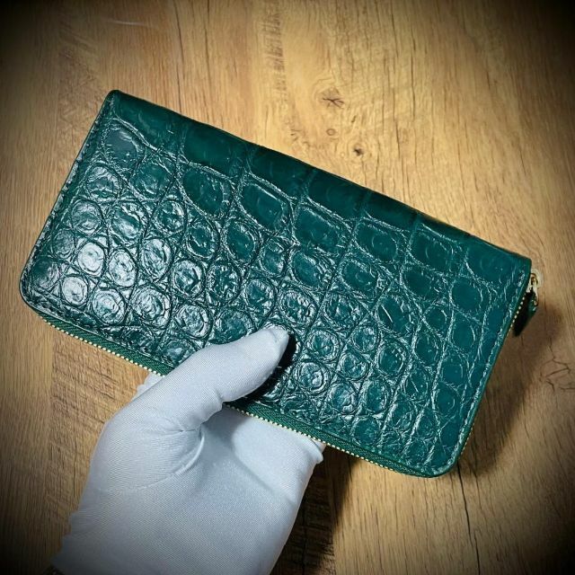 クロコダイル メンズ財布 長財布 大容量 本革 ワニ グリーン 緑 証明