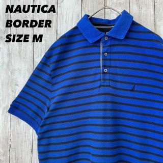 ノーティカ(NAUTICA)のアメリカ古着NAUTICAノーティカ　刺繍ロゴ半袖ボーダー鹿の子ポロシャツM青黒(ポロシャツ)