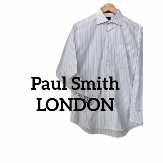 【ポールスミスロンドン】水色ストライプシャツ　メンズ　長袖　袖花柄