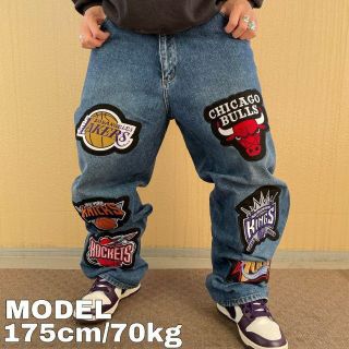 W36 UNK NBA 極太バギービッグワッペンデニム ヒップホップパンツ 青の