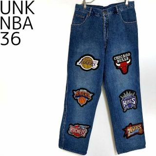 W36 UNK NBA 極太バギービッグワッペンデニム ヒップホップパンツ 青の