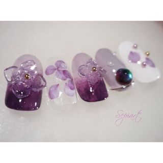 ジェルネイルチップ☆付け爪〜3D　紫陽花ネイル〜パープル