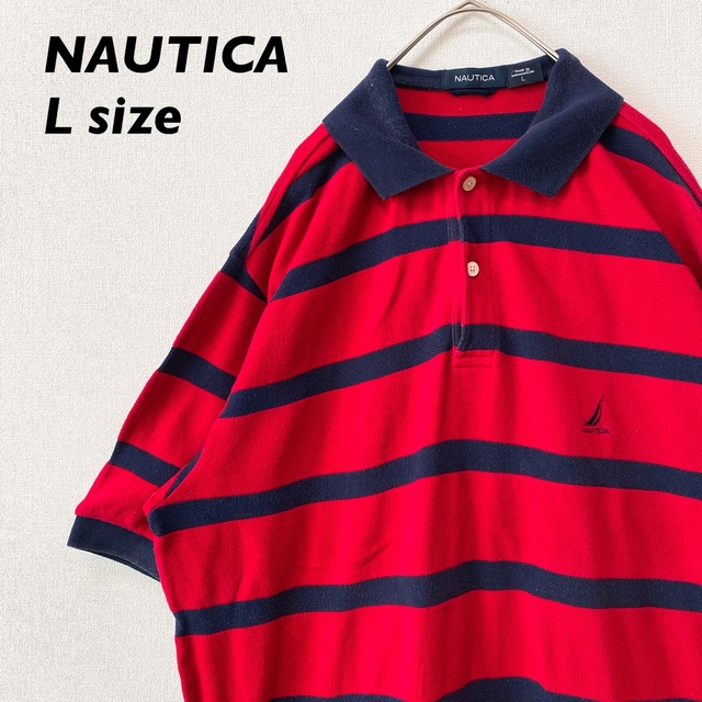 NAUTICA(ノーティカ)のノーティカ　半袖ポロシャツ　ラガー　ボーダー　刺繍ロゴ　男女兼用　赤色　Lサイズ メンズのトップス(ポロシャツ)の商品写真