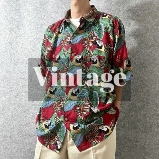 アートヴィンテージ(ART VINTAGE)の【vintage】オウム デザイン 総柄 半袖 レーヨン シャツ アロハ XL(シャツ)