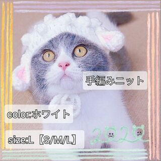 SALE♥L手編み白ペット用うさぎのニット帽子♥猫用小型犬用コスプレ♥うさ耳猫耳(猫)